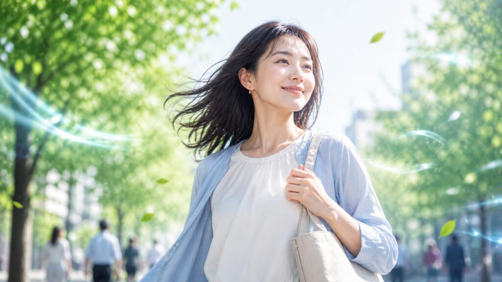 晴れた日に公園で過ごす女性