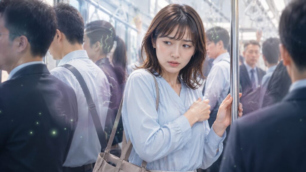 混雑した通勤電車の中で
