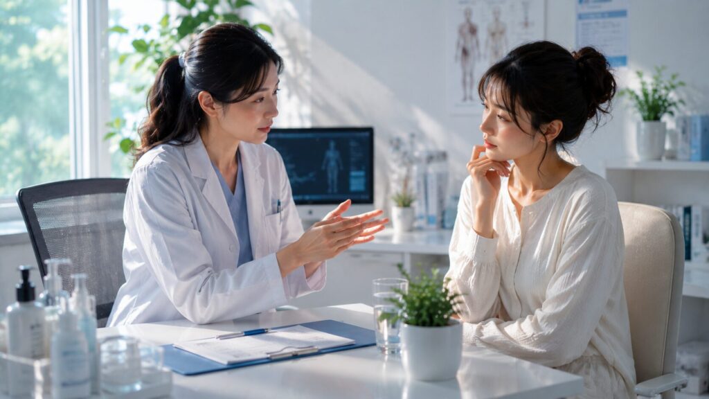 明るい診察室での医師と患者