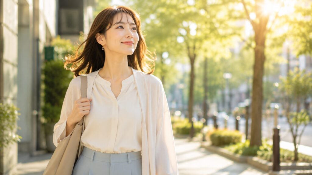 陽光の街角で歩く女性