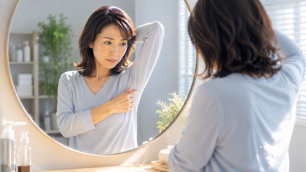 鏡で自分をチェックする女性
