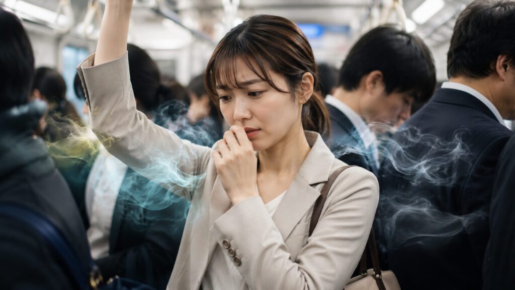 混雑した車内の不安な女性