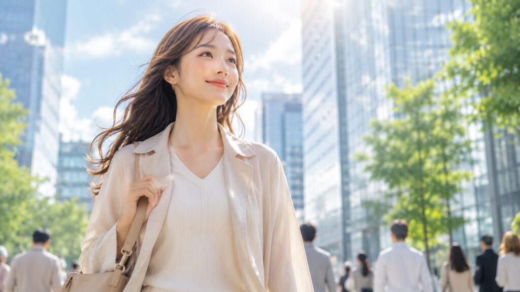 都会の中で微笑む女性