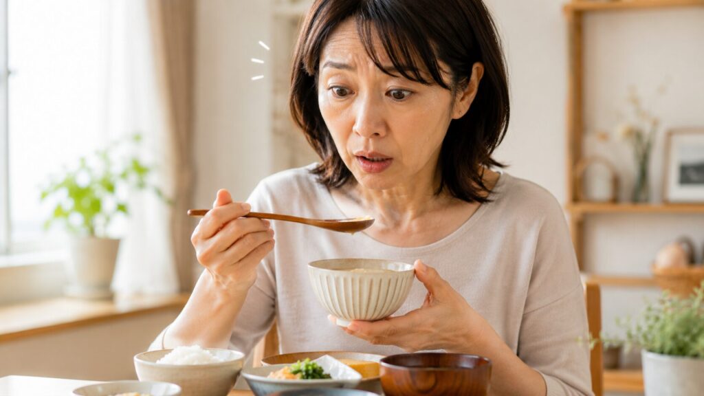 驚いた表情でランチを楽しむ