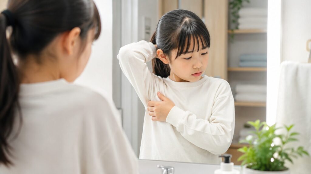 鏡で自分を見つめる少女