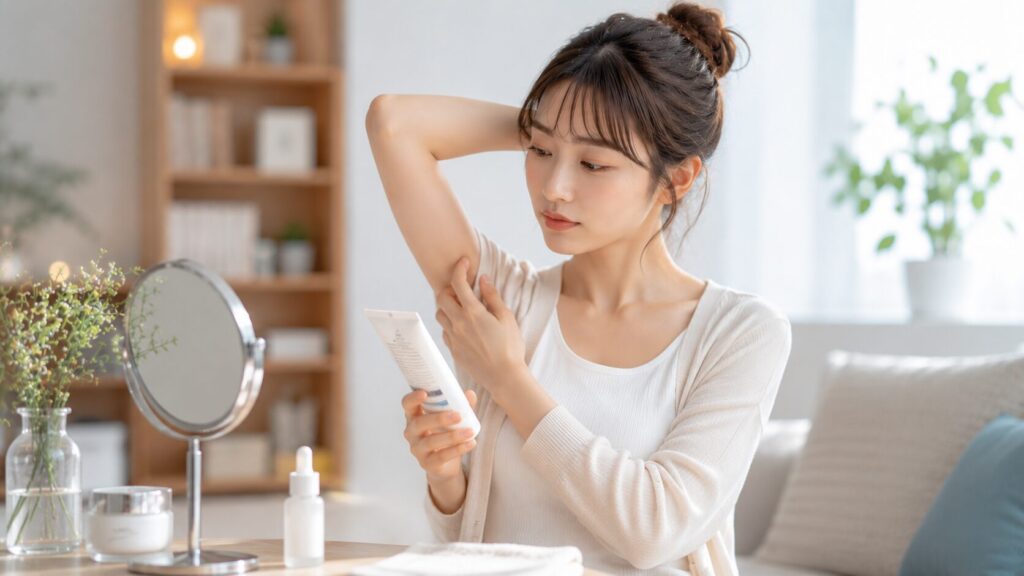 自然光の中でスキンケアの時間