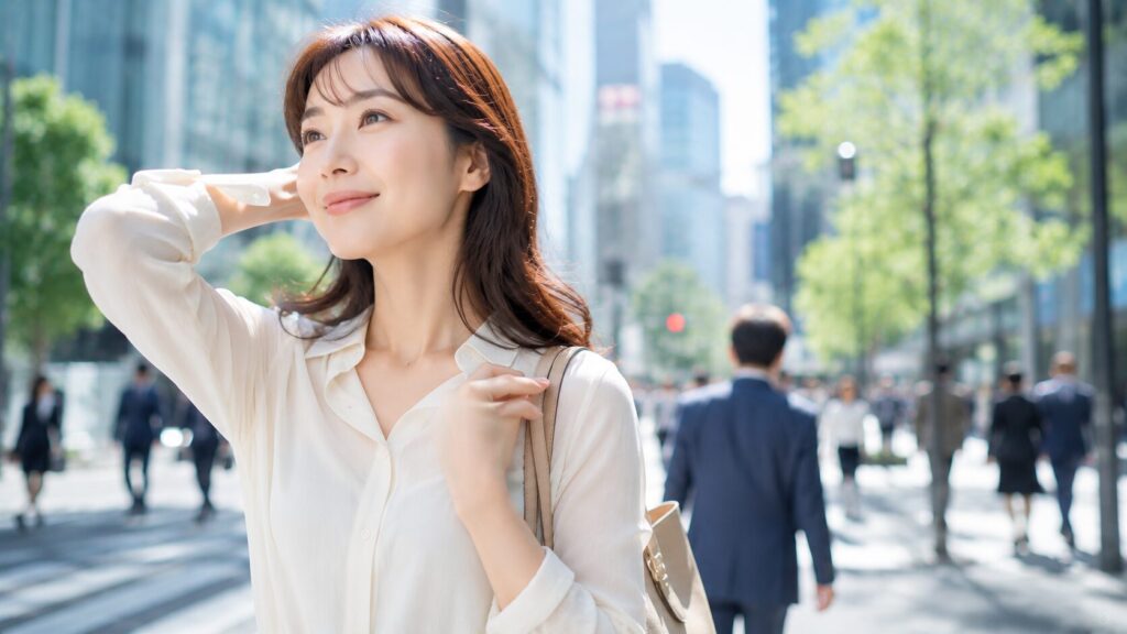 明るい都市街並みでのリラックスした女性