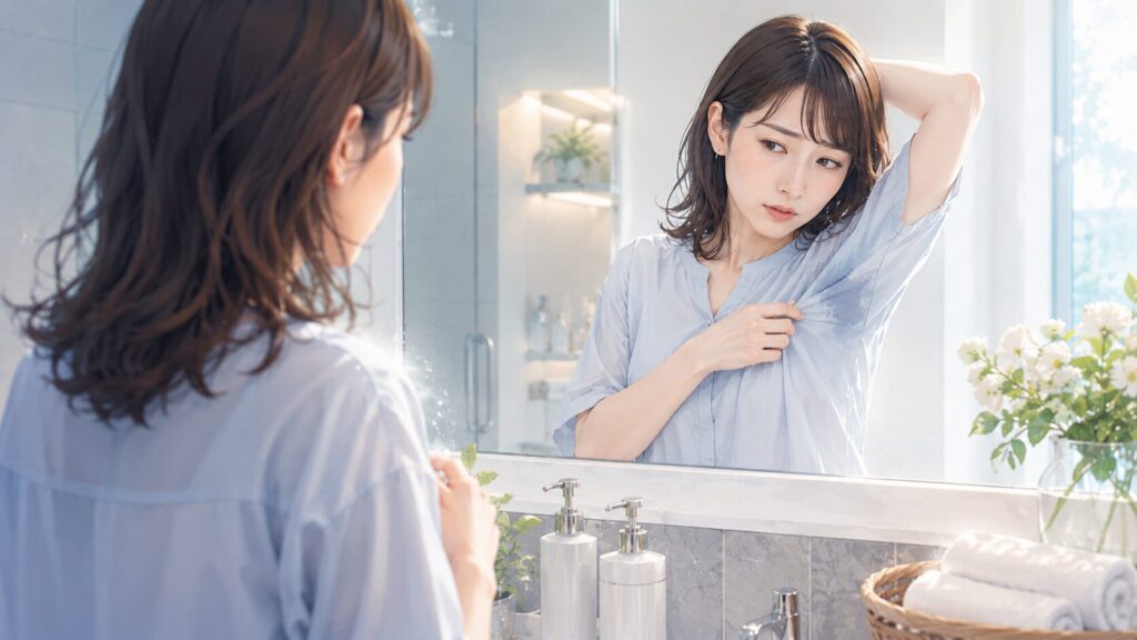 鏡の前で服をチェックする女性