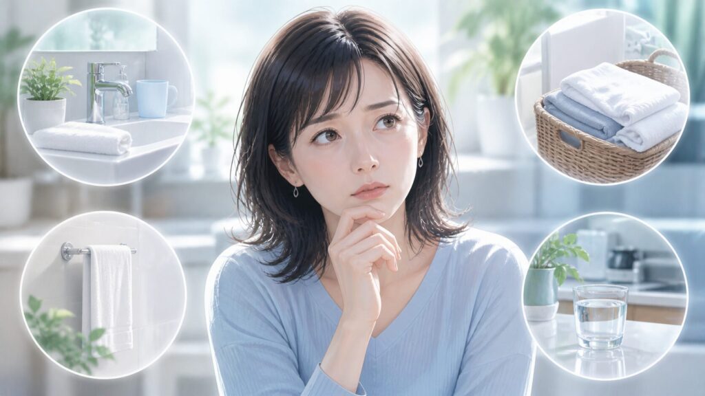 思索する女性と清潔な空間