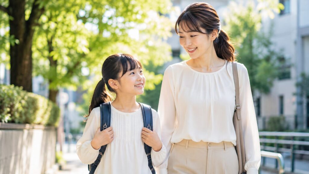 優しい日差しの中で歩く親子