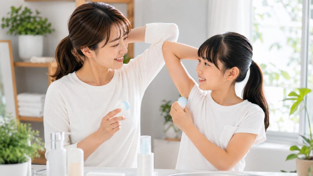 明るいバスルームでの親子のひととき