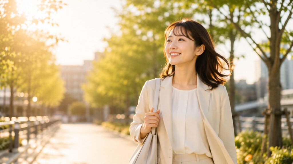 陽光の中で歩く女性