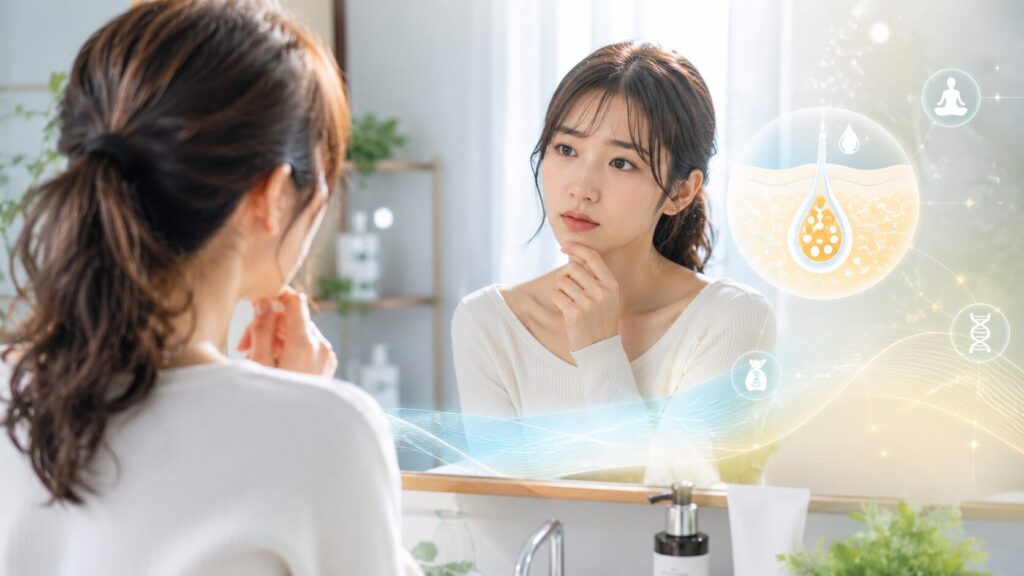 考え込む女性と美しいバスルーム