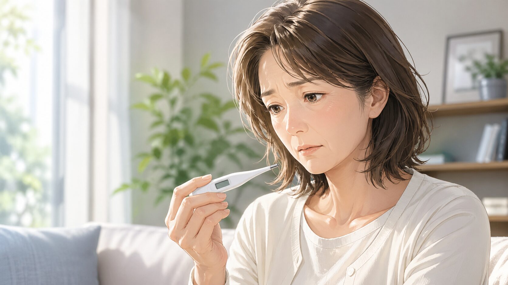 心配そうに温度計を見る女性