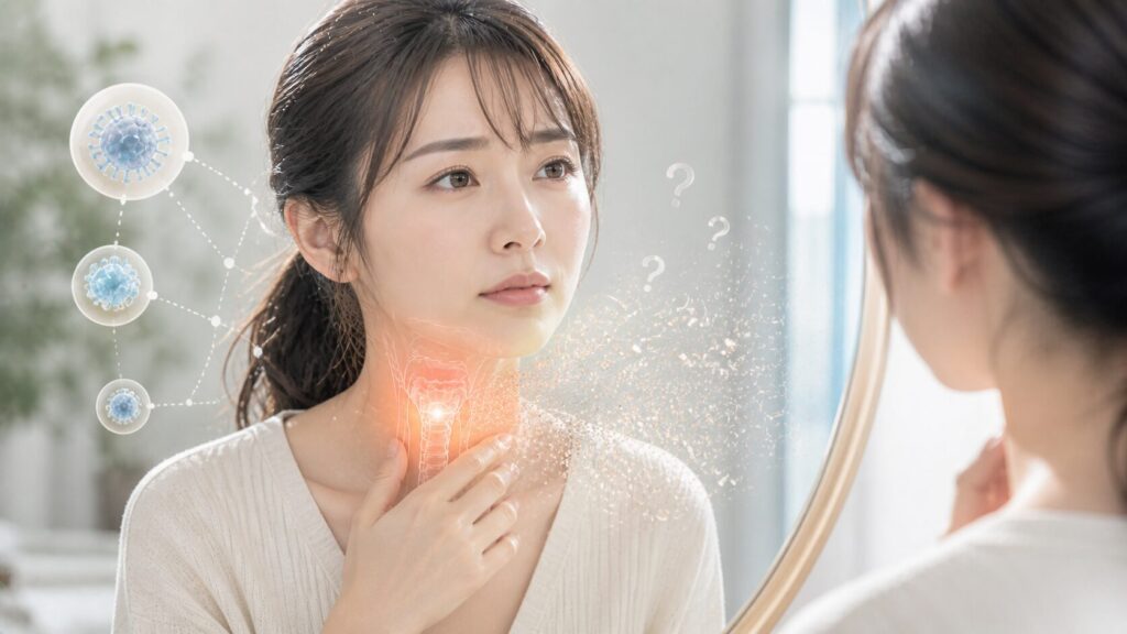 健康チェックの鏡の前