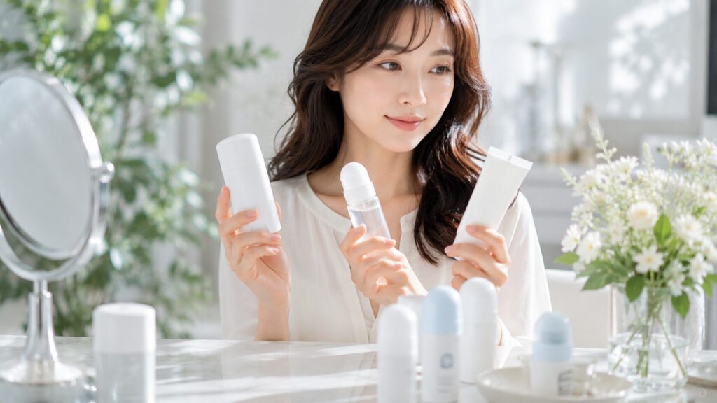 美容製品を比較する女性