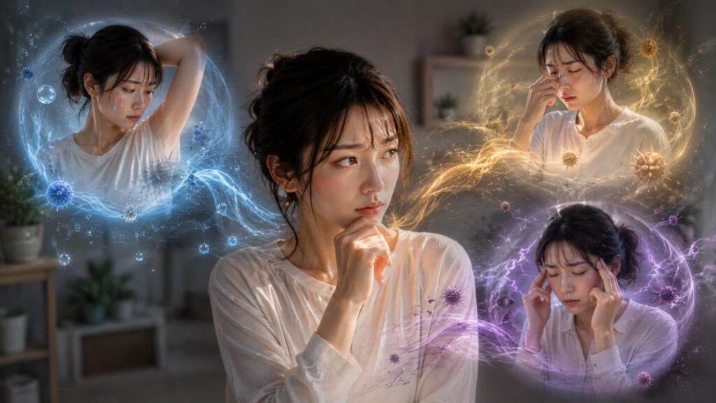思考する女性と周囲の匂いの泡