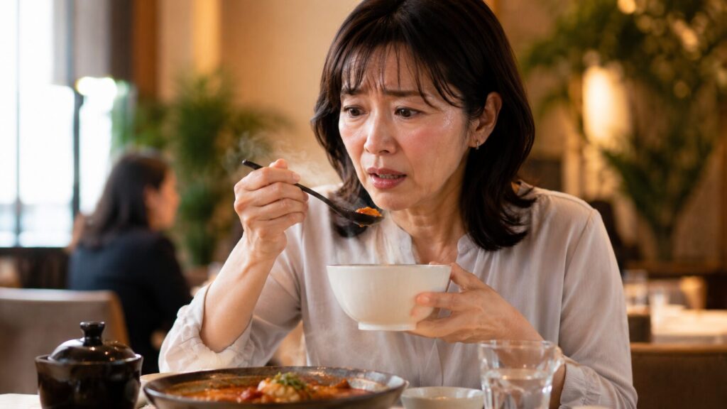 驚きの一口、熱い食事