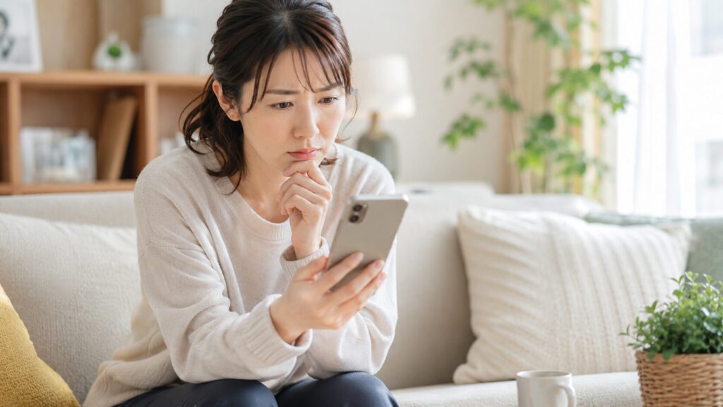 考え込む女性とリビングの光