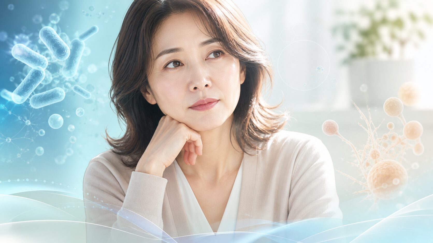 思索する女性と科学的要素