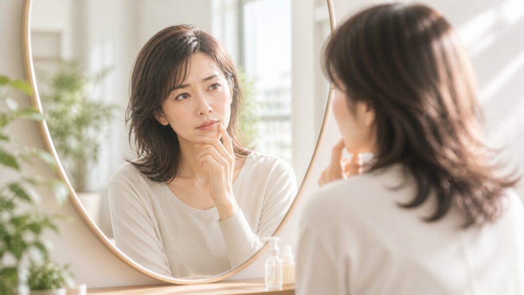 鏡の前で自分を見つめる