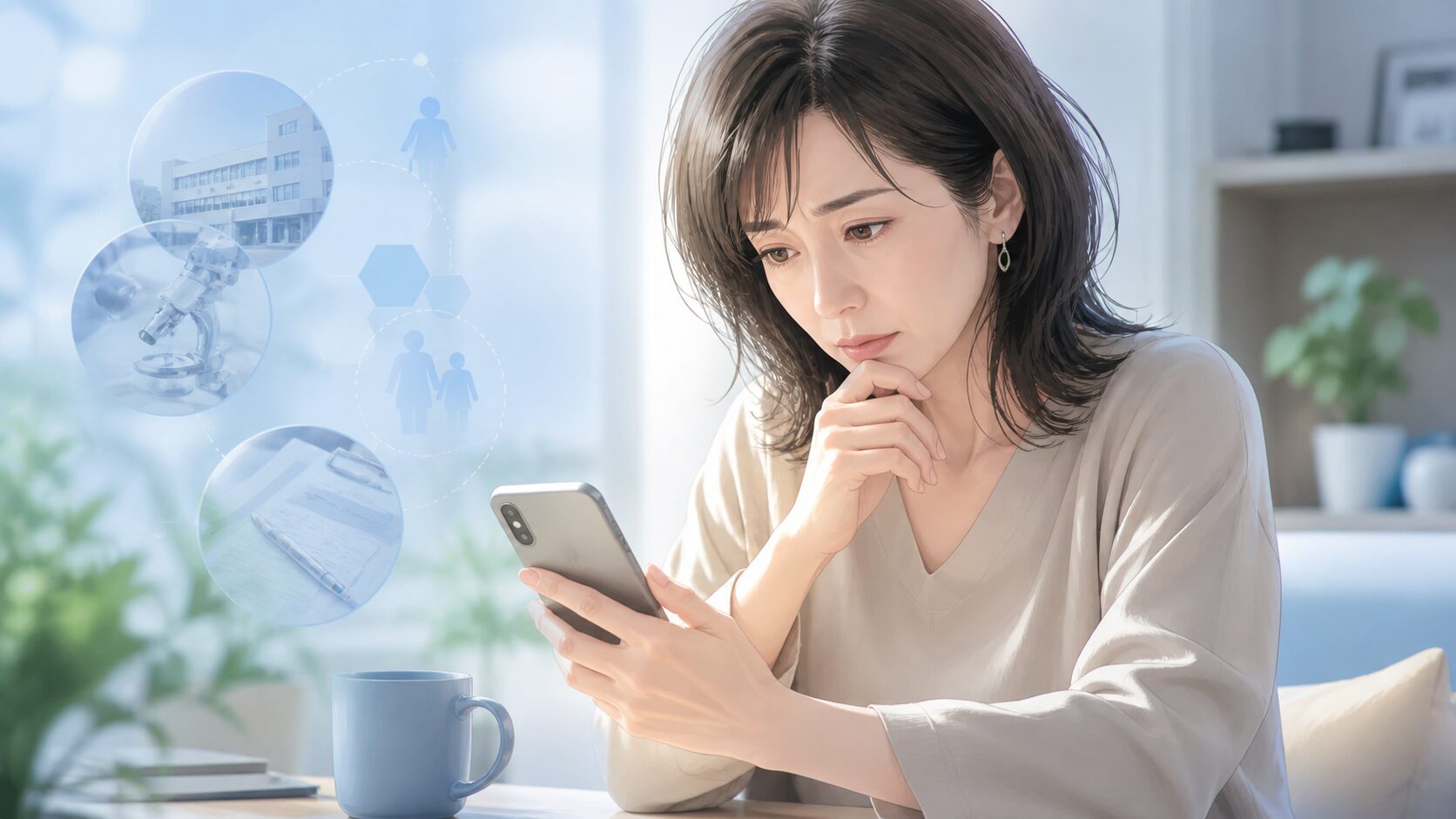 考え込む女性と健康の象徴