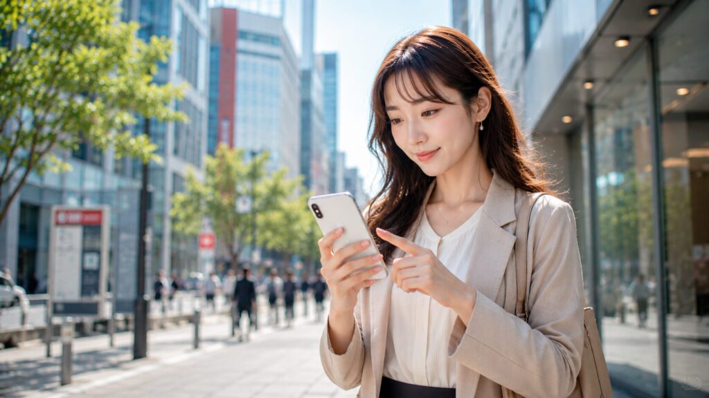 都会の街角でスマホを操作する女性