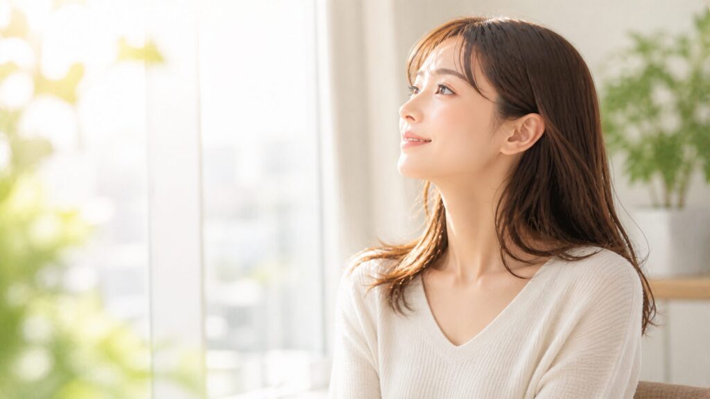 陽光の中で微笑む女性