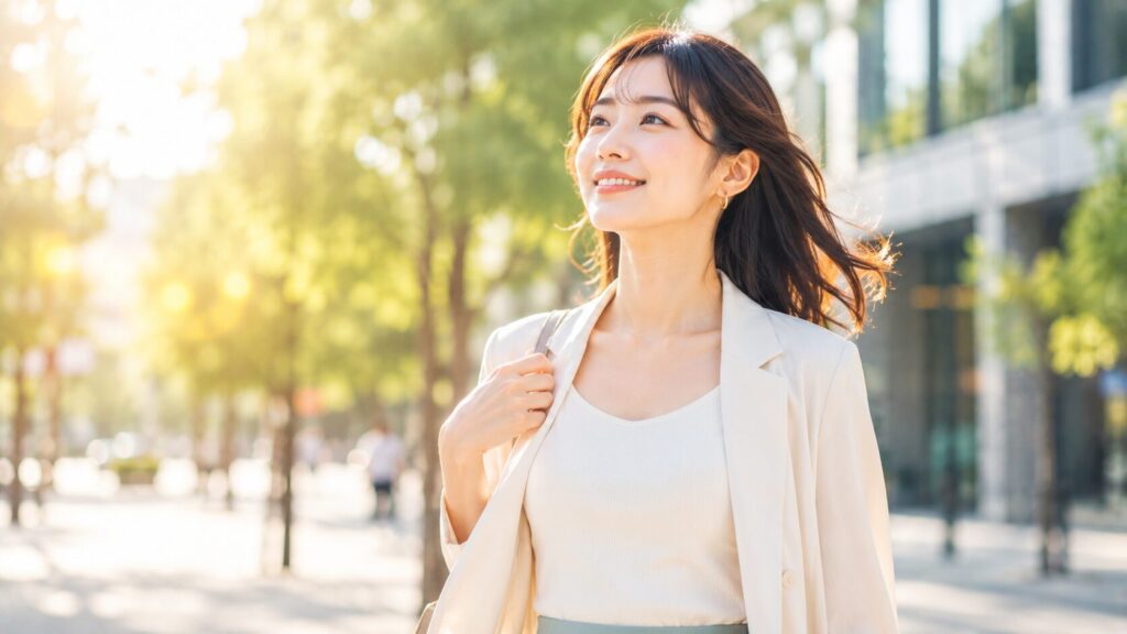 明るい街並みで微笑む女性