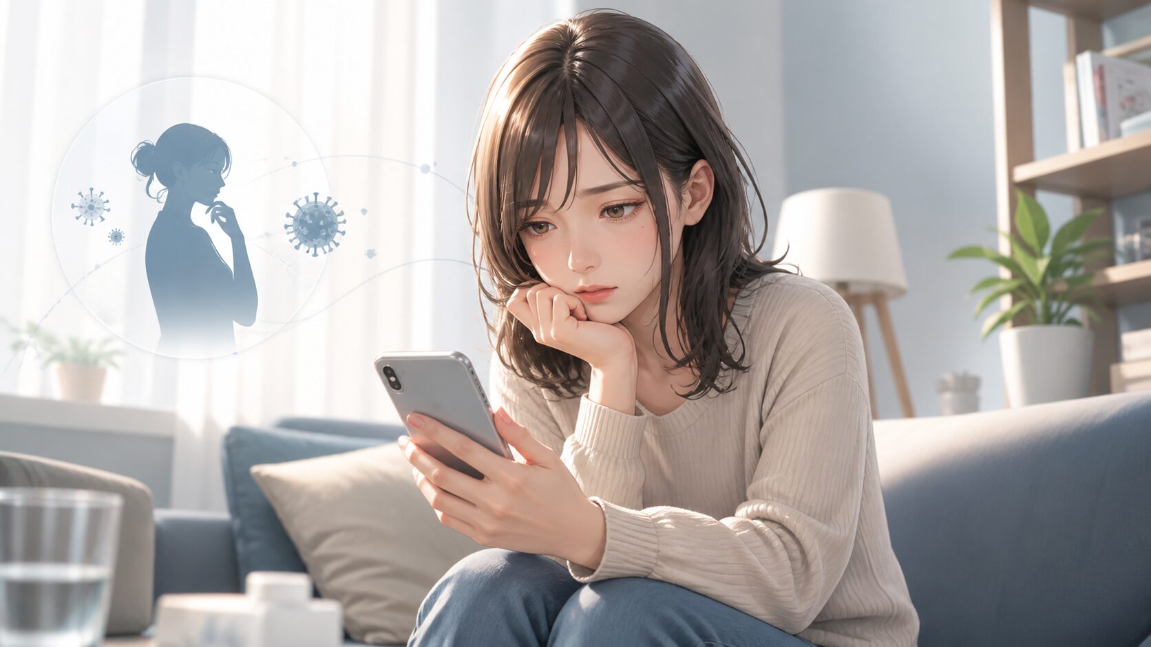 心配そうな女性と医療グラフィック