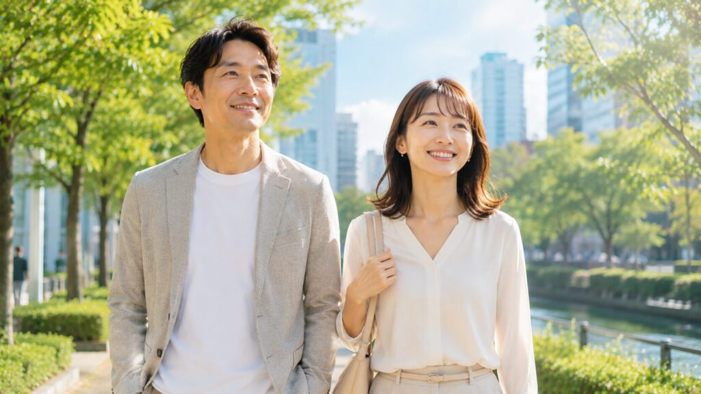 都市の街路での幸せな散歩