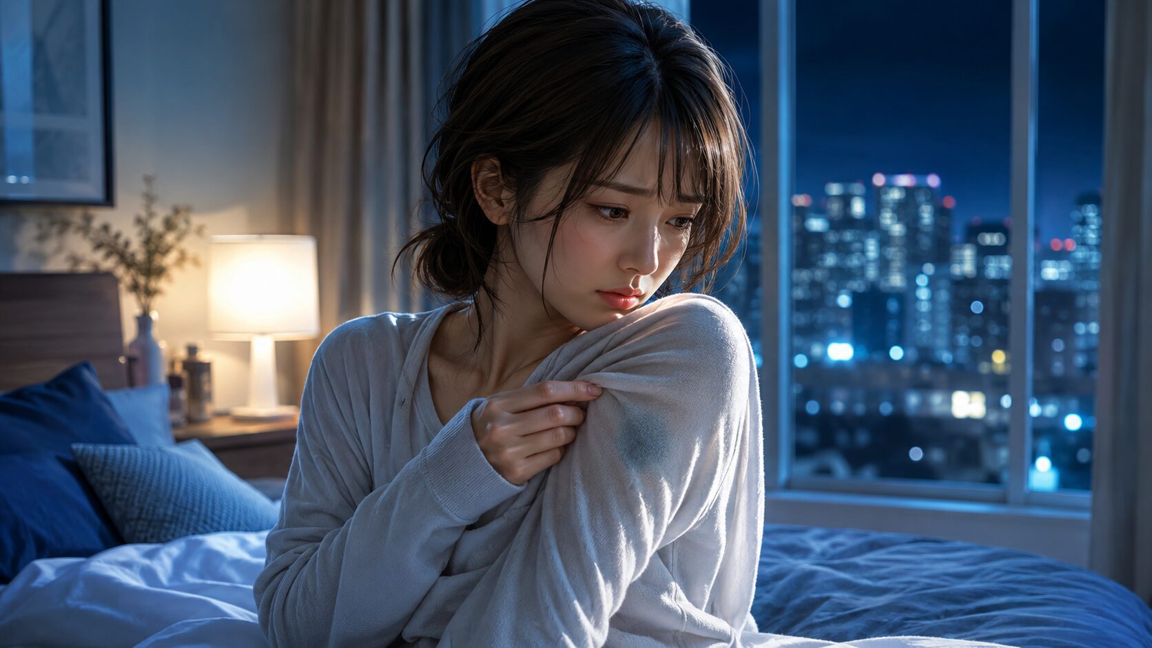 夜の街並みと一人の女性