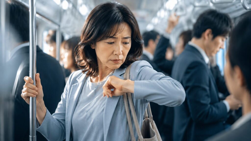 混雑した列車の中で不安そうな女性
