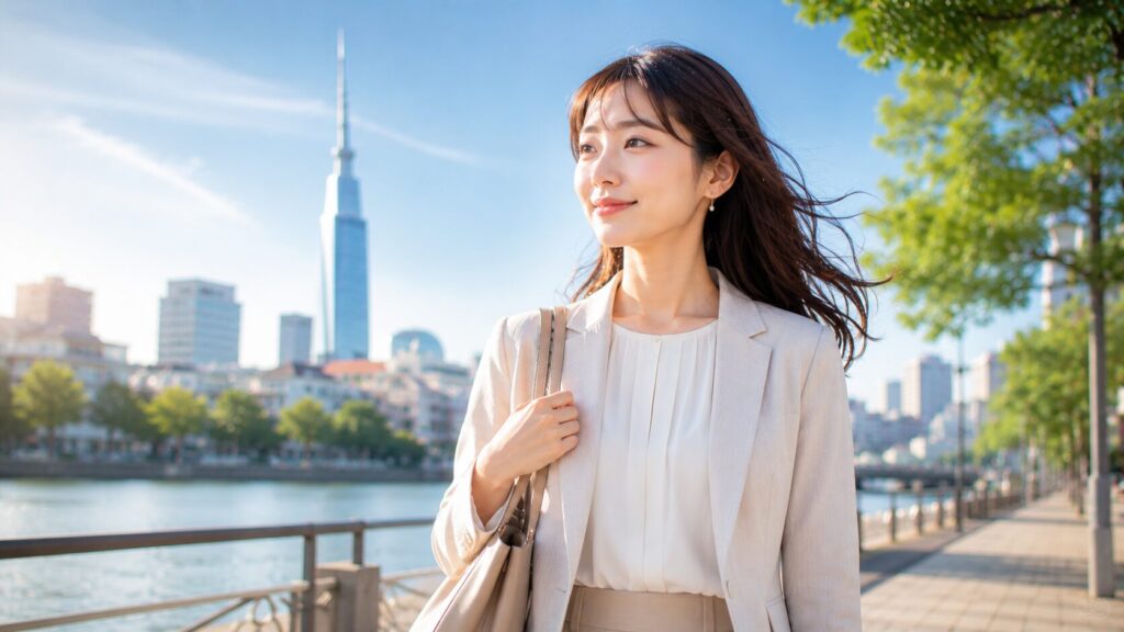 晴れた都市のプロムナードでの女性