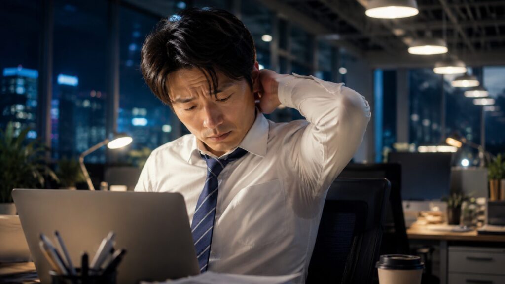 夜のオフィスでの疲労感
