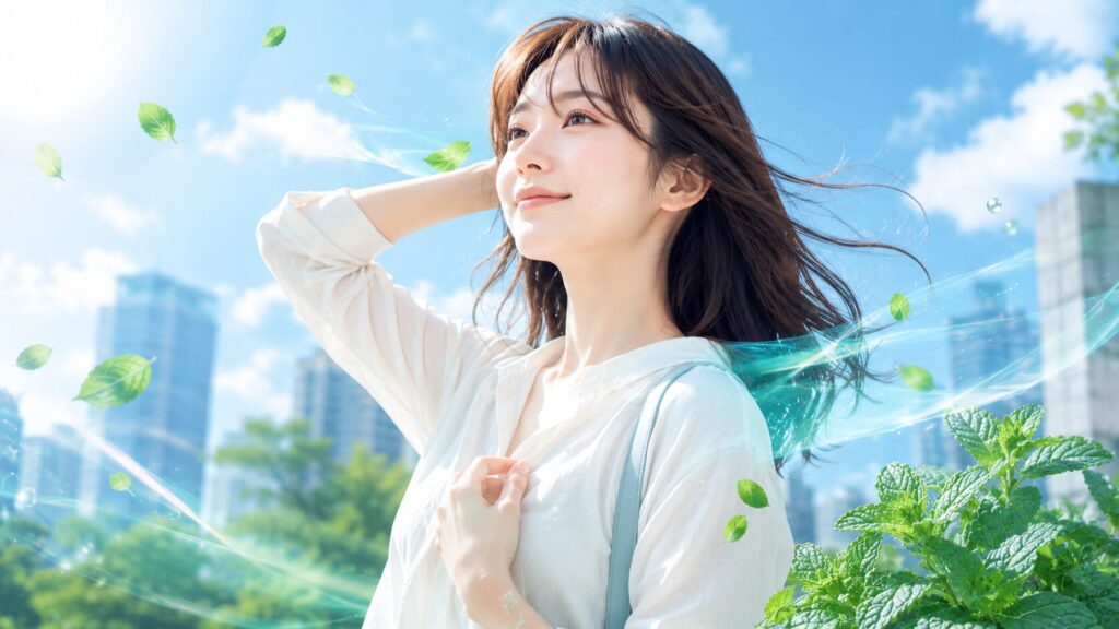 爽やかな風の中で微笑む女性