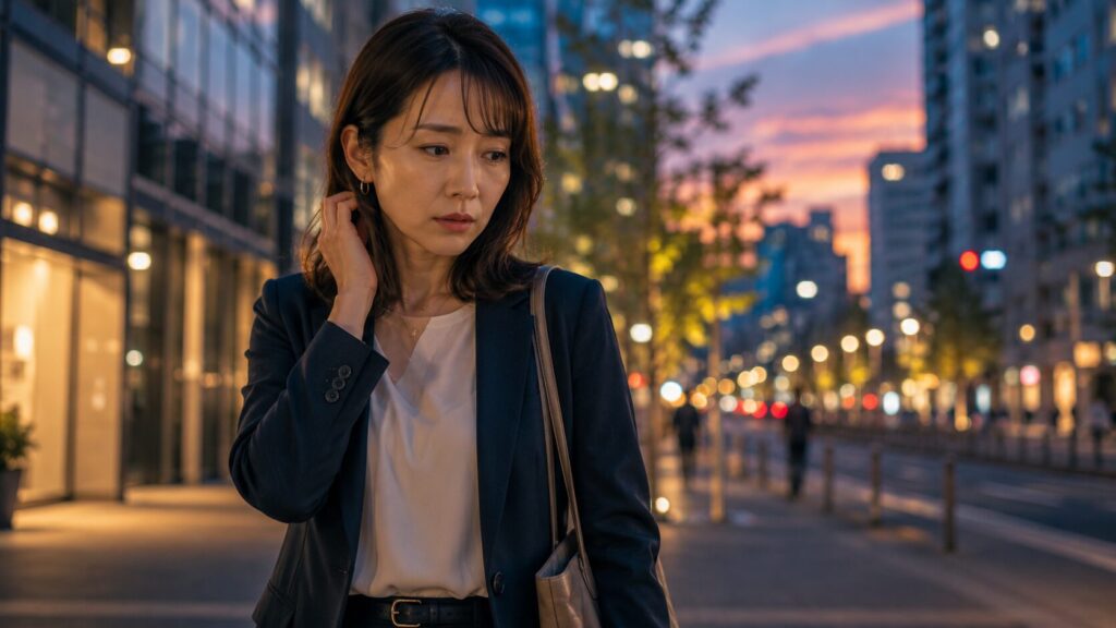 夕暮れの都市街並みの女性