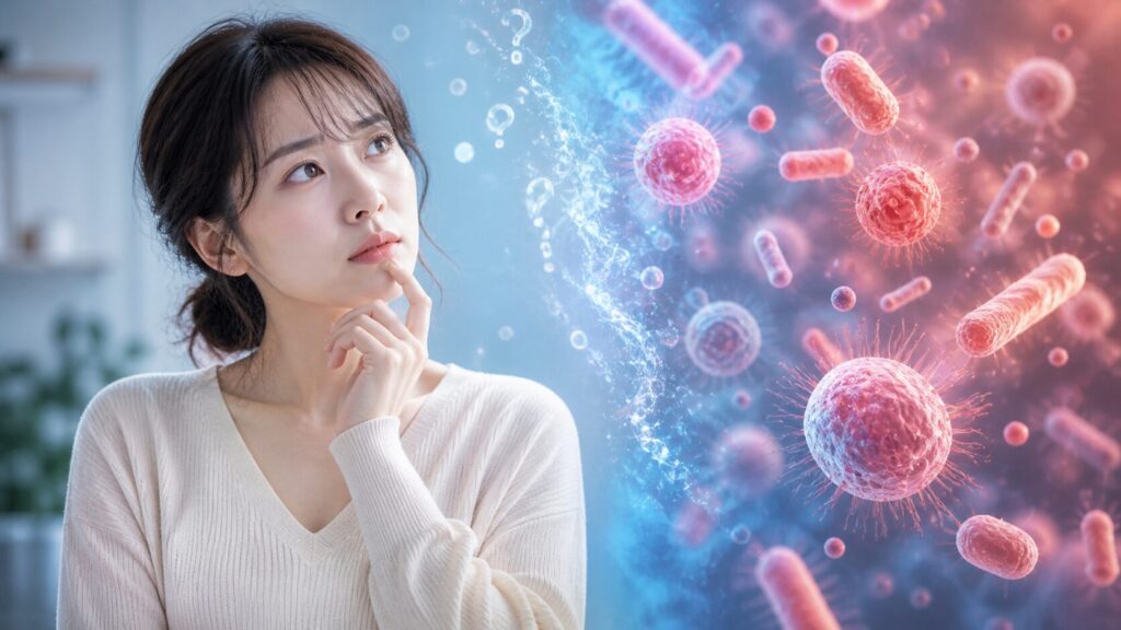 思索する女性と微生物の境界