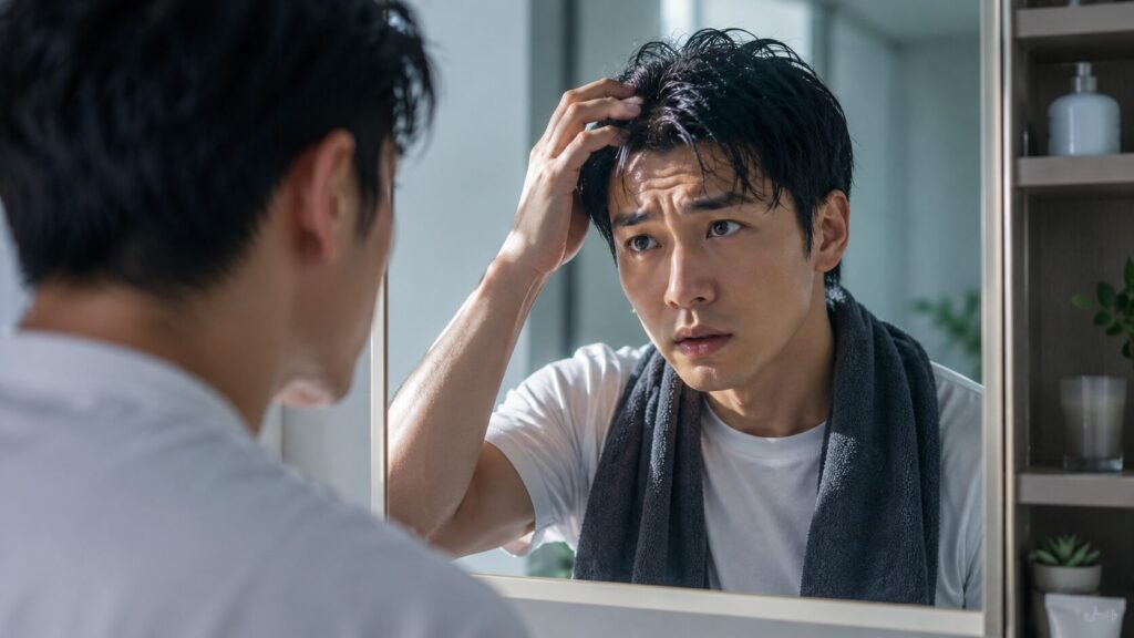 鏡の前で髪を整える男性