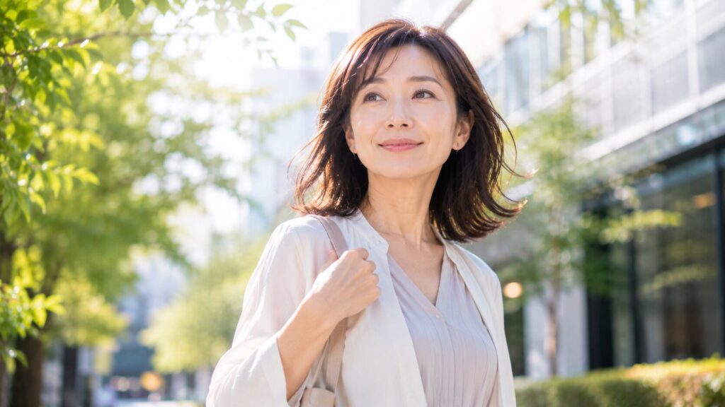 陽光を浴びる都会の女性