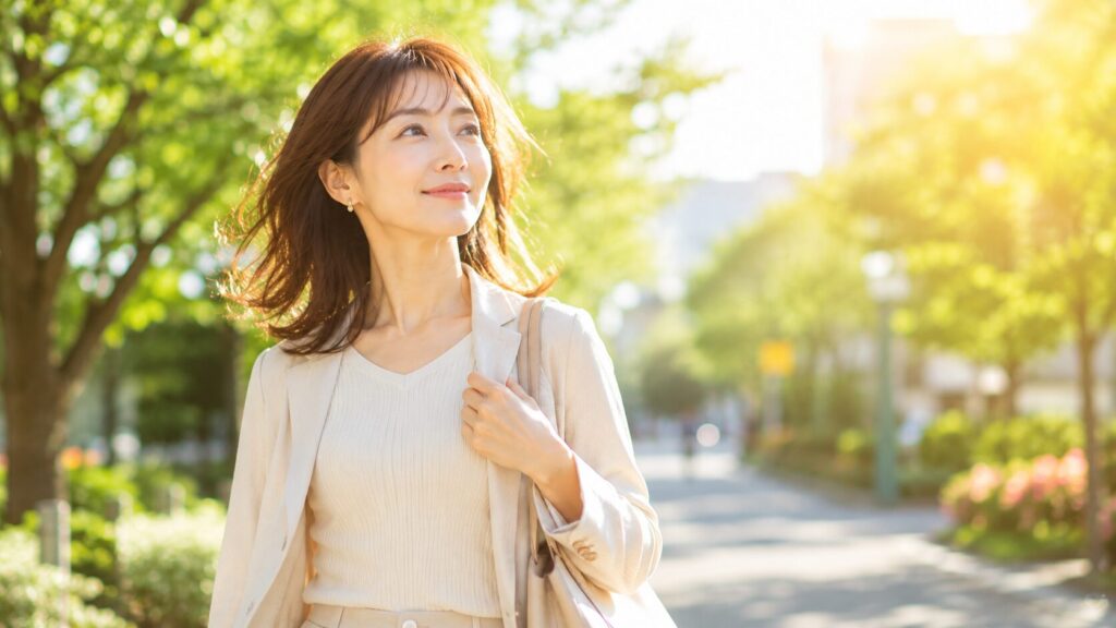 春の陽気な街角で散歩