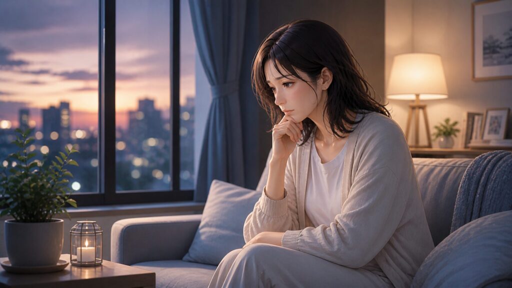 夕暮れ時の窓辺で考え込む女性