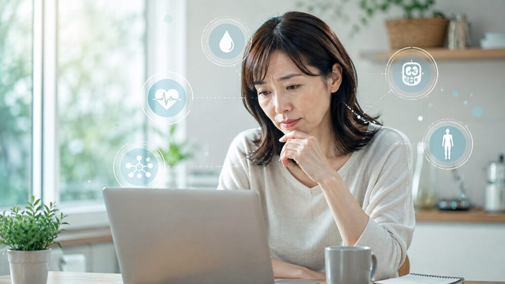 健康分析のアイコンと共に仕事をする女性