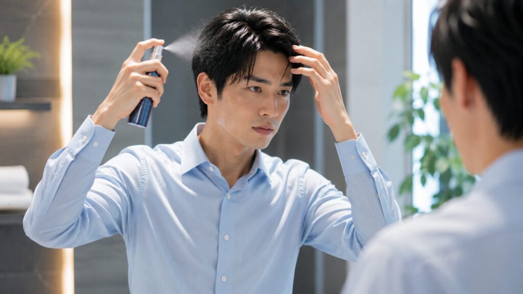 鏡の前で髪を整える男性