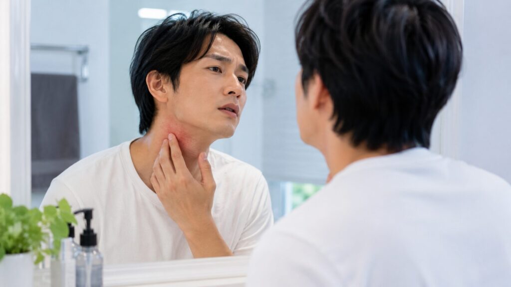 鏡で首の炎症を確認する男性