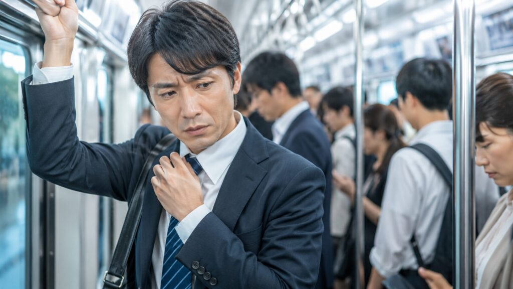 忙しい通勤電車の中で