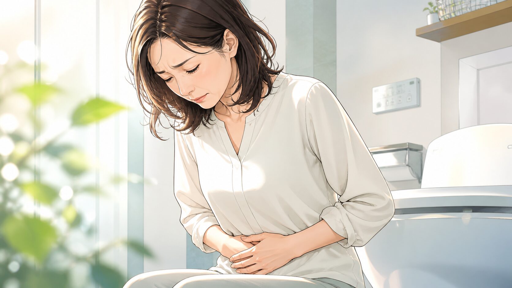 腹部を押さえる女性