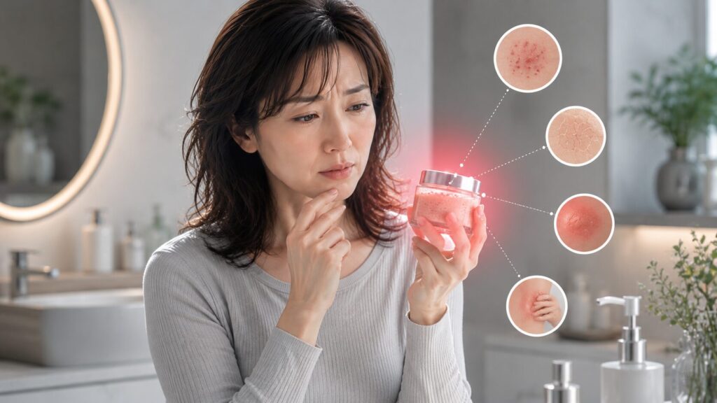 心配そうに化粧品を調べる女性