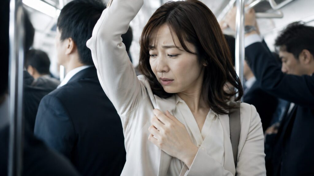 混雑した電車内の不安そうな女性