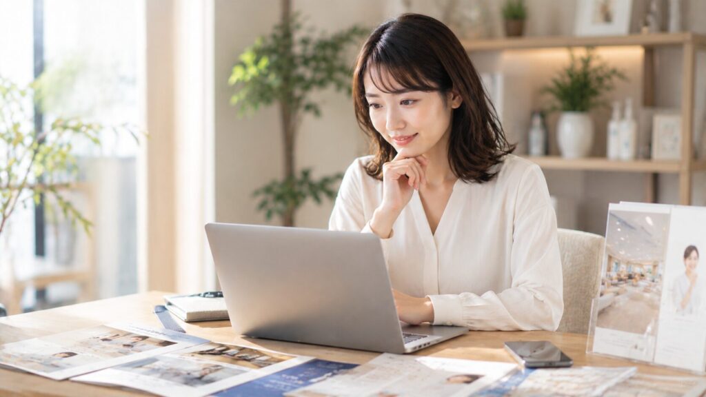 考え事をするオフィスでの女性